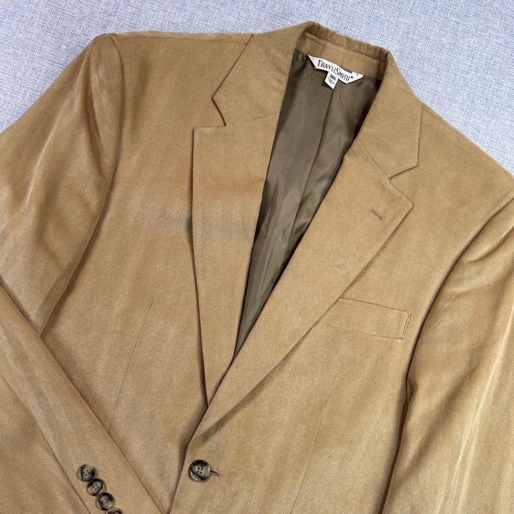 VTG 90s TravelSmith Herringbone Sport Coat Blazer‎ Men 38R Tan Classic Travel